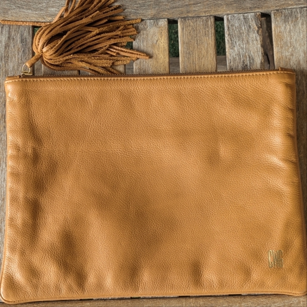 K. Slade Made Tan Leather Tassel Clutch 12" x 9" - Picture 6 of 6
